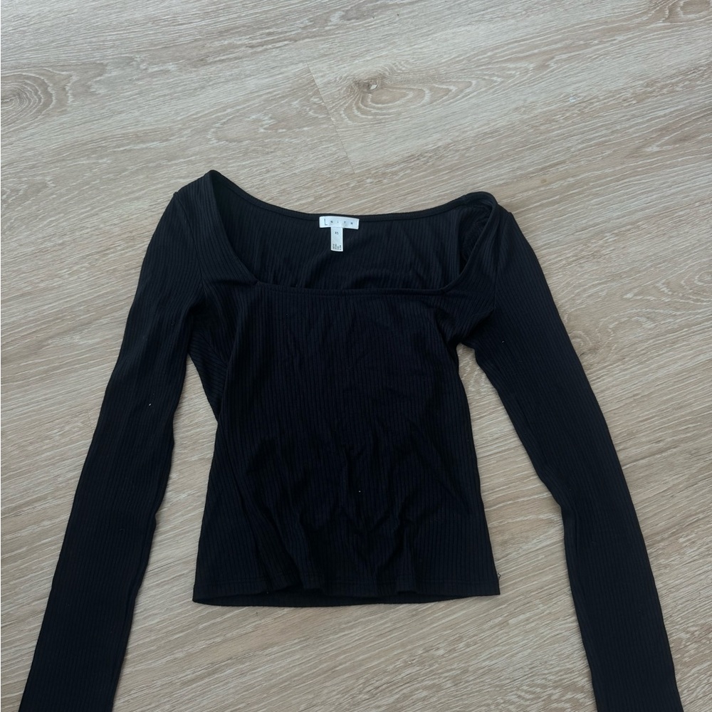 Leith Black Ribbed Square Neck Blouse